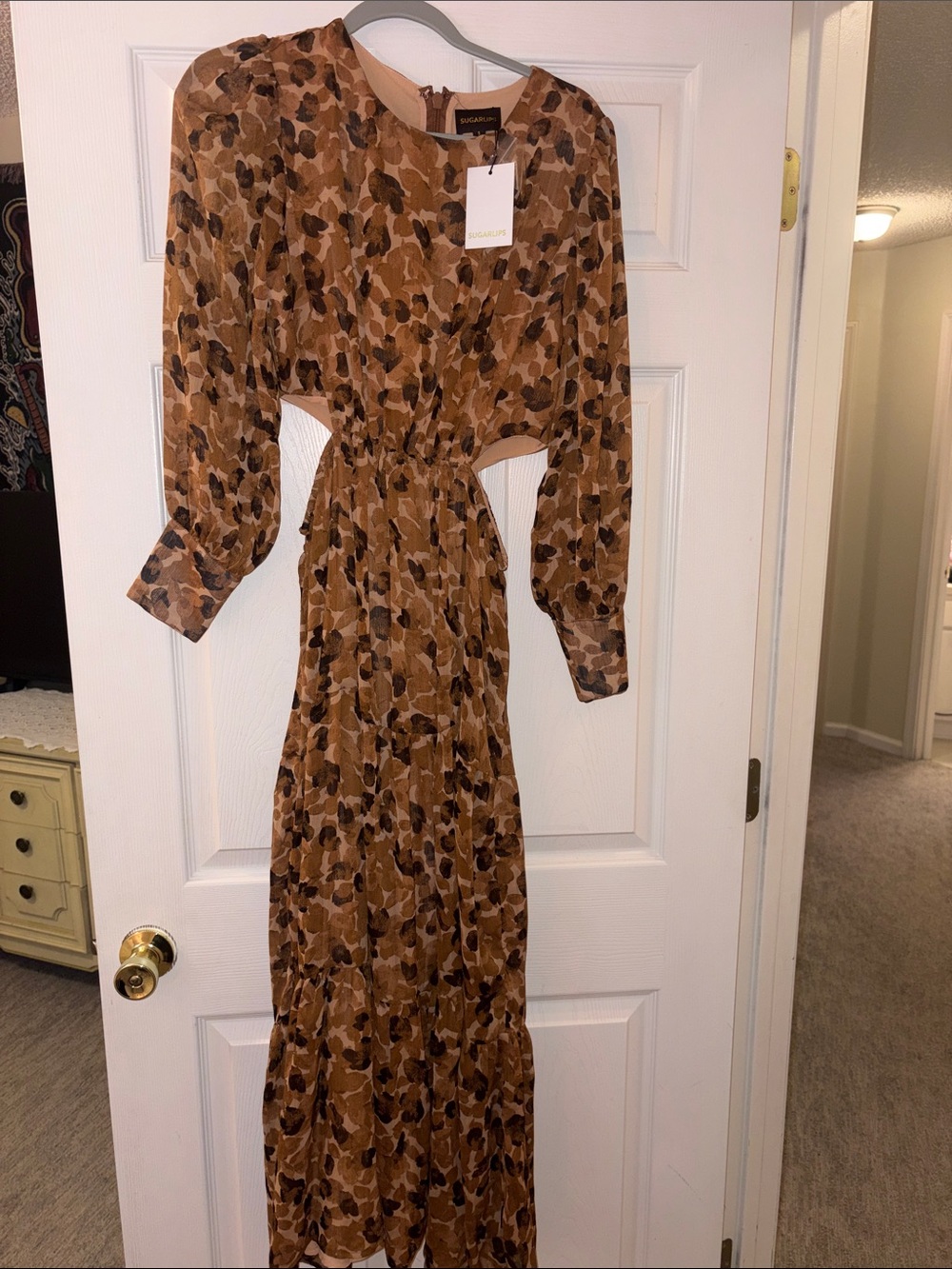 SugarLips Long-Sleeve Cutout Maxi Dress in Brown Floral NWT- Size S